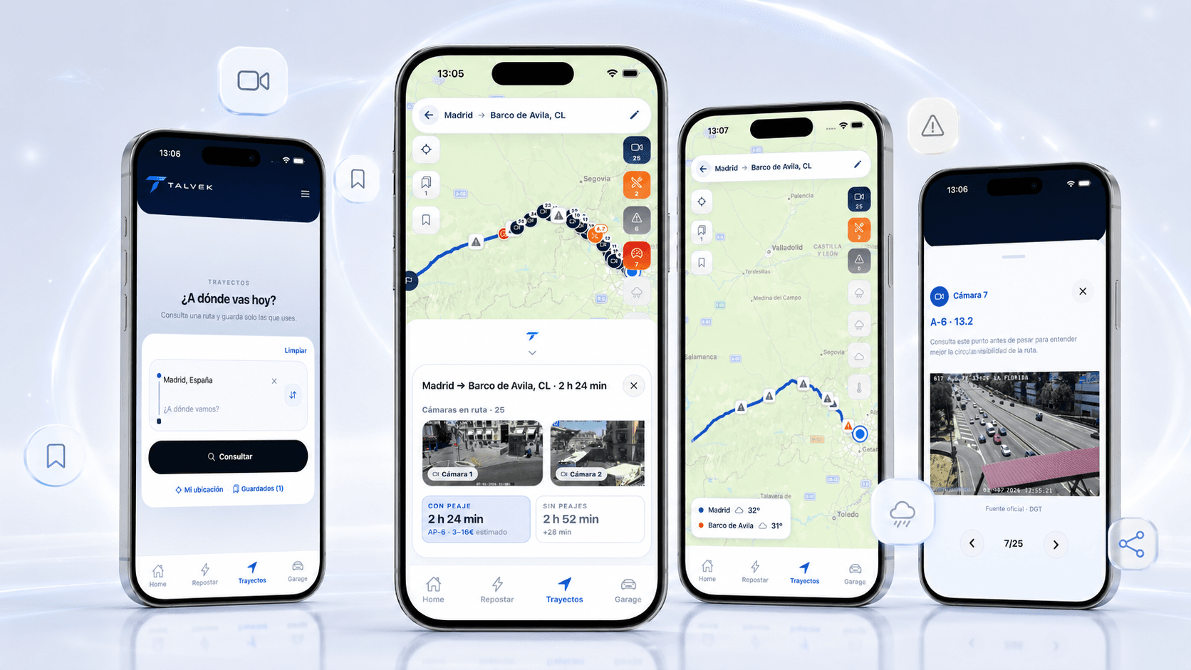Capturas de la app mostrando la ruta con tráfico y radares