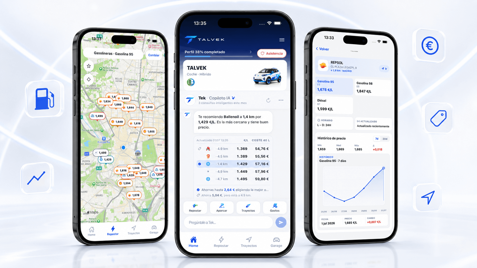 Capturas de la app mostrando gasolineras cercanas con precios